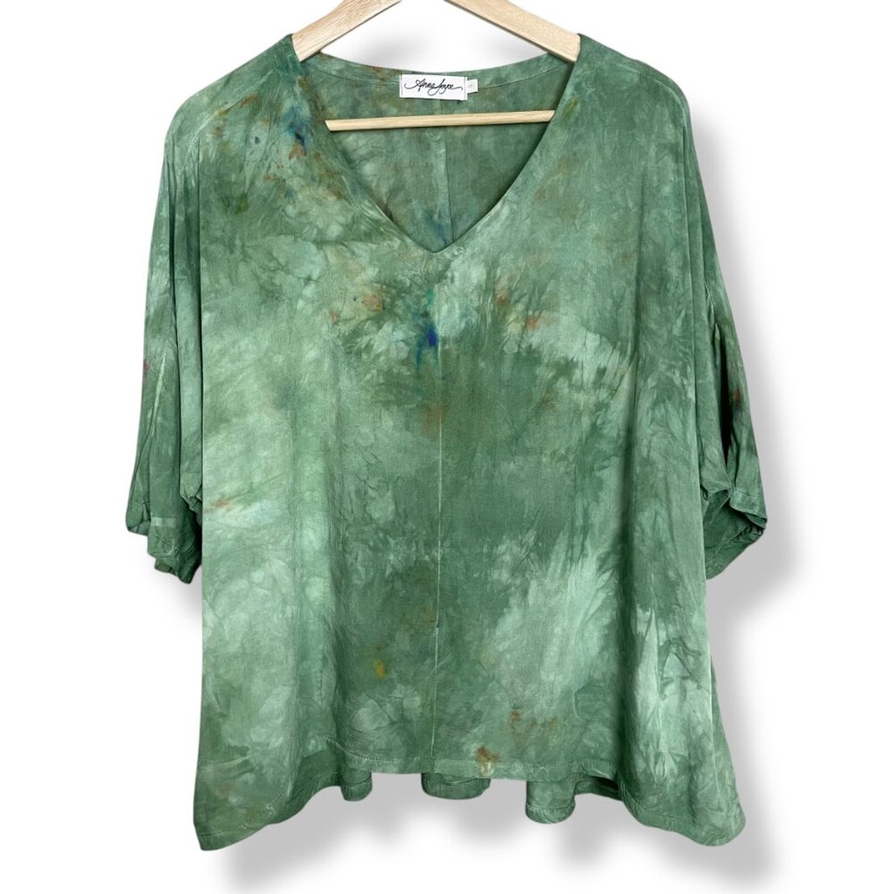 Anna Joyce Tie-Dye Top Green Short Sleeves Size Small Oversized Relaxed‎ Boho